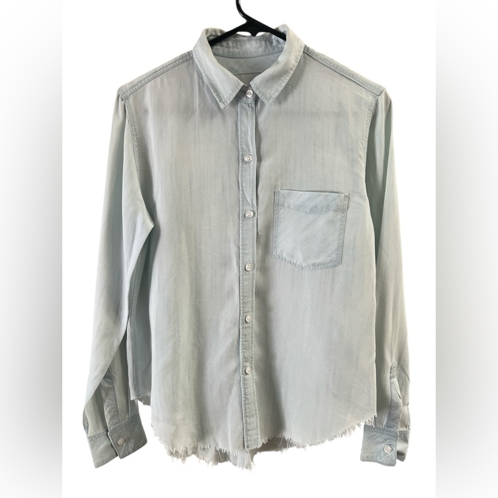 Rails raw hem light wash denim button down long sleeve shirt